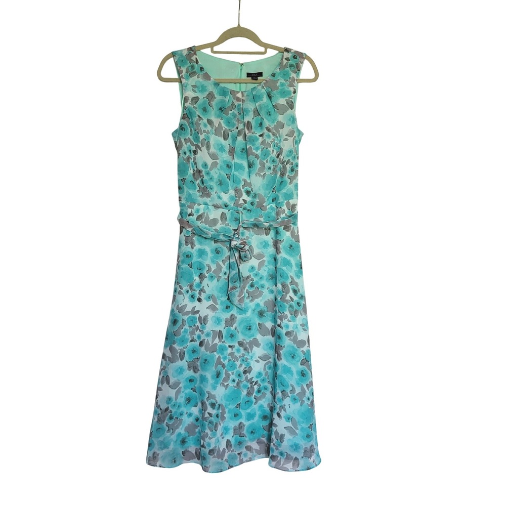 R&K Aqua Floral Chiffon Dress Sleeveless Midi Fit & Flare Career Women‎ Size 10